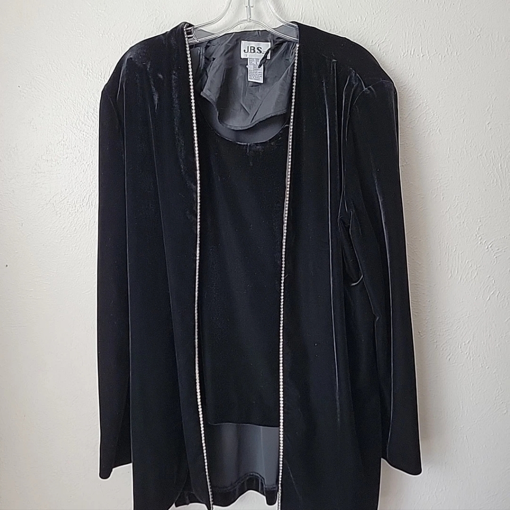 Vtg JBS Black Velvet Dress Jacket Twinset Rhinestone Trim Old Money Party